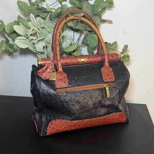 Vintage GIADA Made in Italy Ostrich Embossed Leather Satchel Black & Cognac